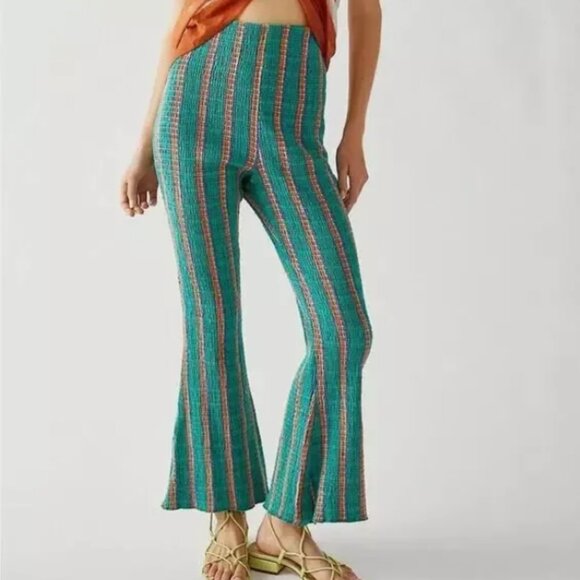 Free People Pants - Free People Fine Line Slim Pants S Stripe Smocked Boho Retro Bell Bottoms New